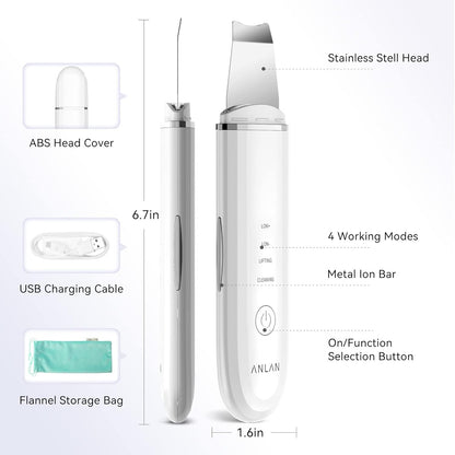 Skin Scrubber,  Ultrasonic EMS Ion Exfoliating Device Face Cleanser and Blackhead Remover Pores Cleaning Wrinkle Remover Comedone Extractor Skin Care with 4 Modes USB Rechargeable